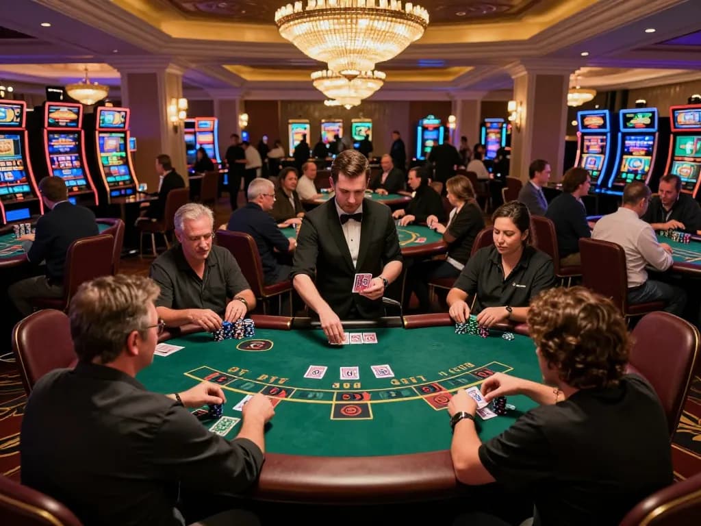 uu88 players strategizing bets at blackjack tables in an upscale casino atmosphere