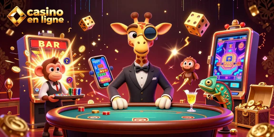 Découvrez l'excitation du casino en ligne avec une girafe charismatique et des personnages animés dans un environnement vibrant.