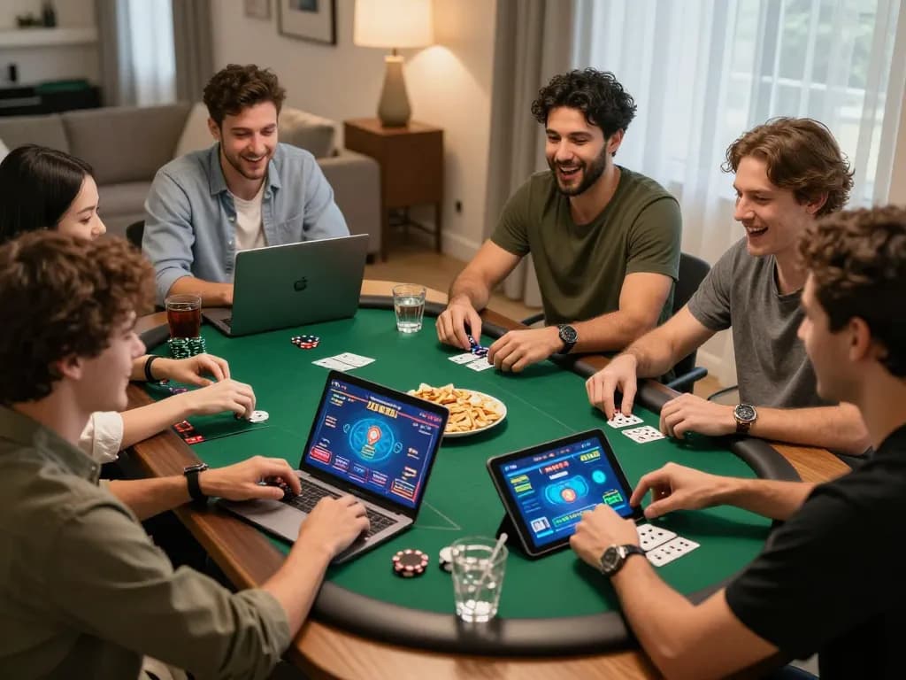 Experience game bài đổi thưởng with friends during an online poker night in a cozy home setting