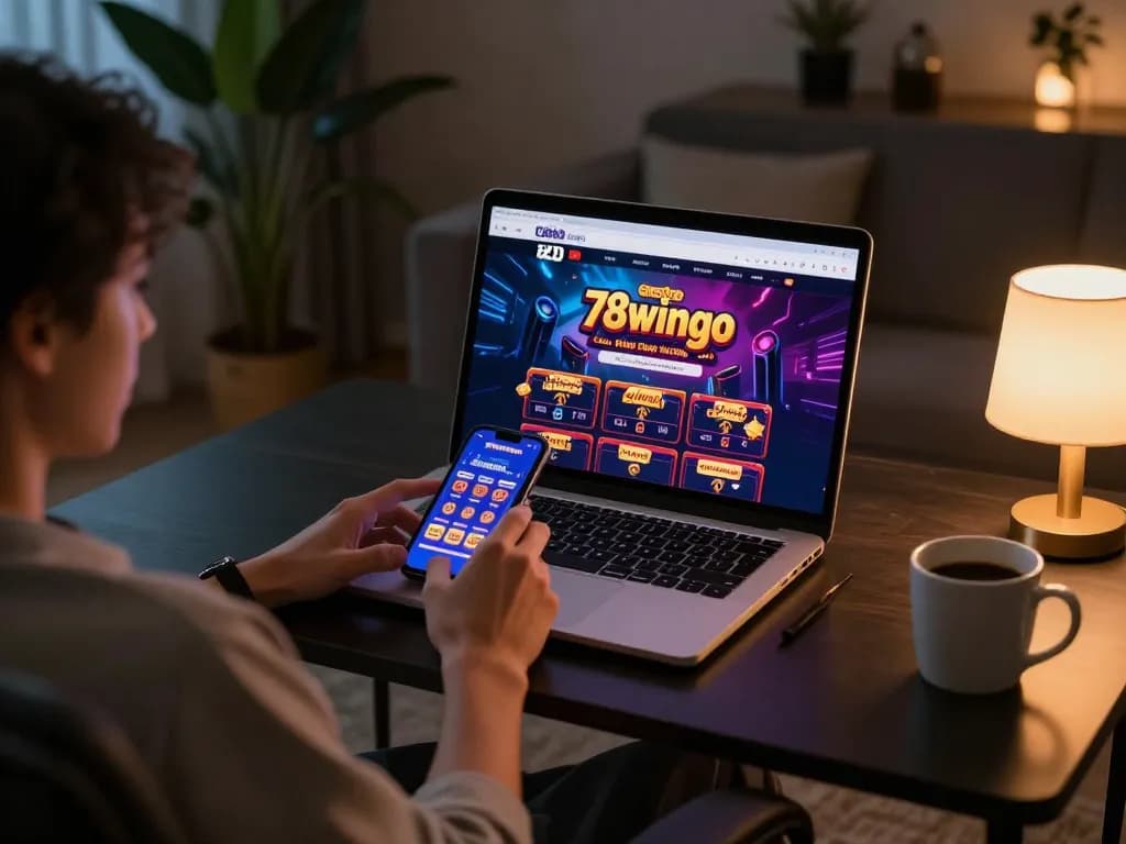Player engaging in online betting at 78wingo casino using laptop and smartphone.