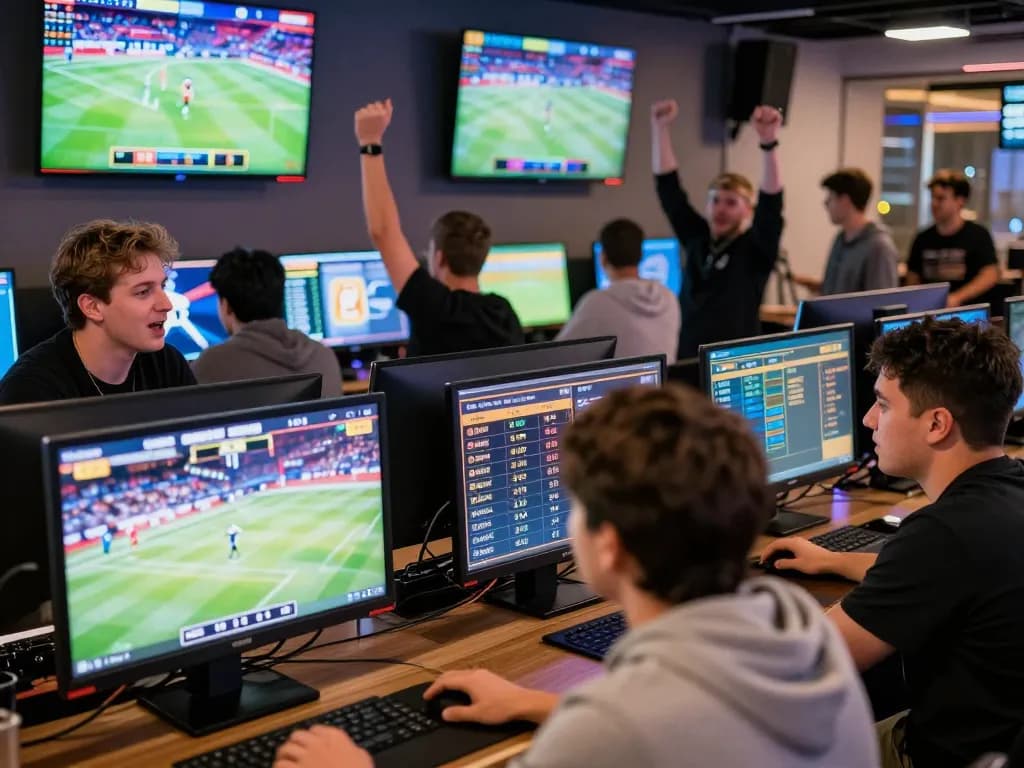 keobongda patrons intensely analyzing sports betting odds in a vibrant lounge.
