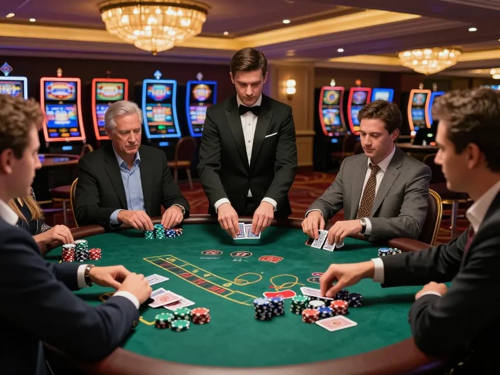 Players strategizing their bets at the winstrike69 blackjack table in an upscale casino atmosphere
