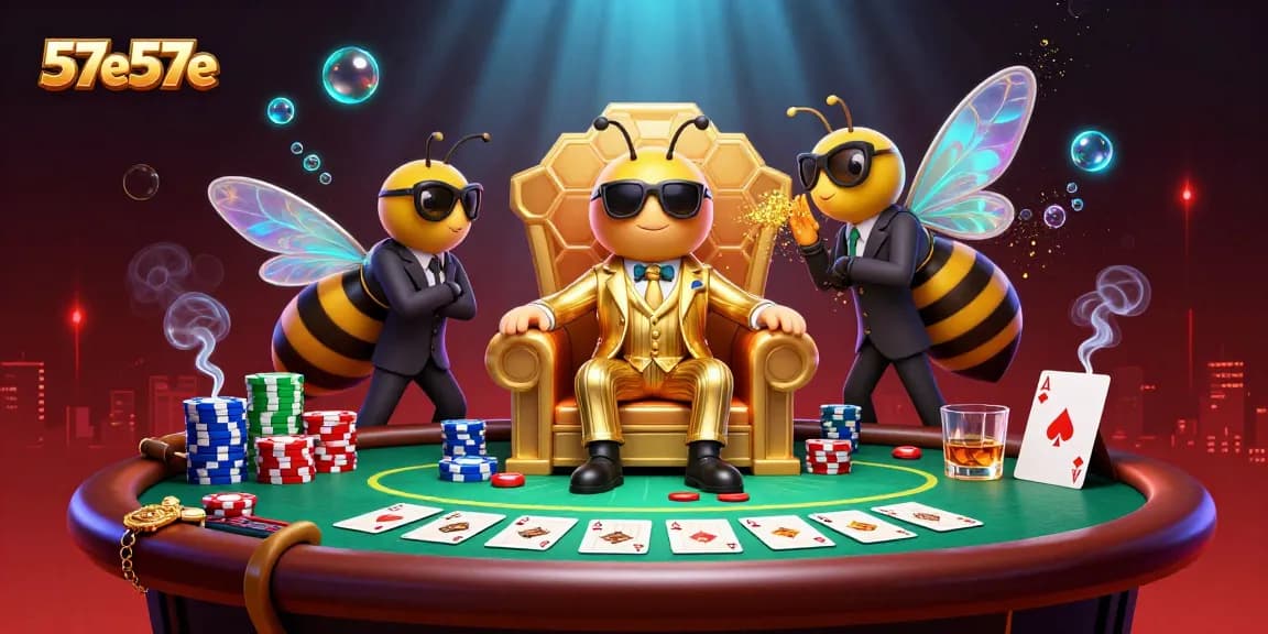 Engage in thrilling poker action at 57e57e with a cartoon bumblebee mob boss and vibrant game elements.