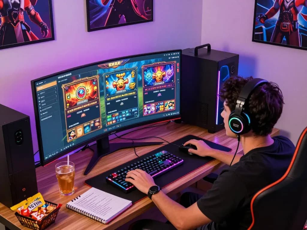 Engaging gamer enjoying slot gacor hari ini games at vibrant home setup with LED lights and snacks.