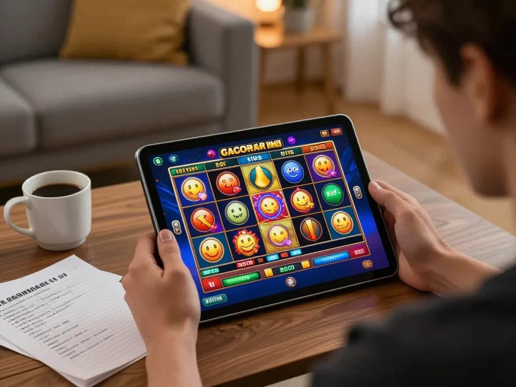 Engaging player at home enjoying slot gacor hari ini on tablet, showcasing vibrant win animations.