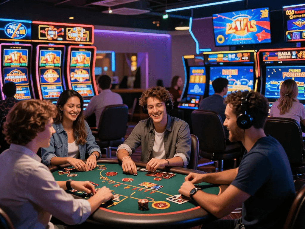 Scène de casino en ligne captivante avec des joueurs enthousiastes profitant de différents jeux et bonus.