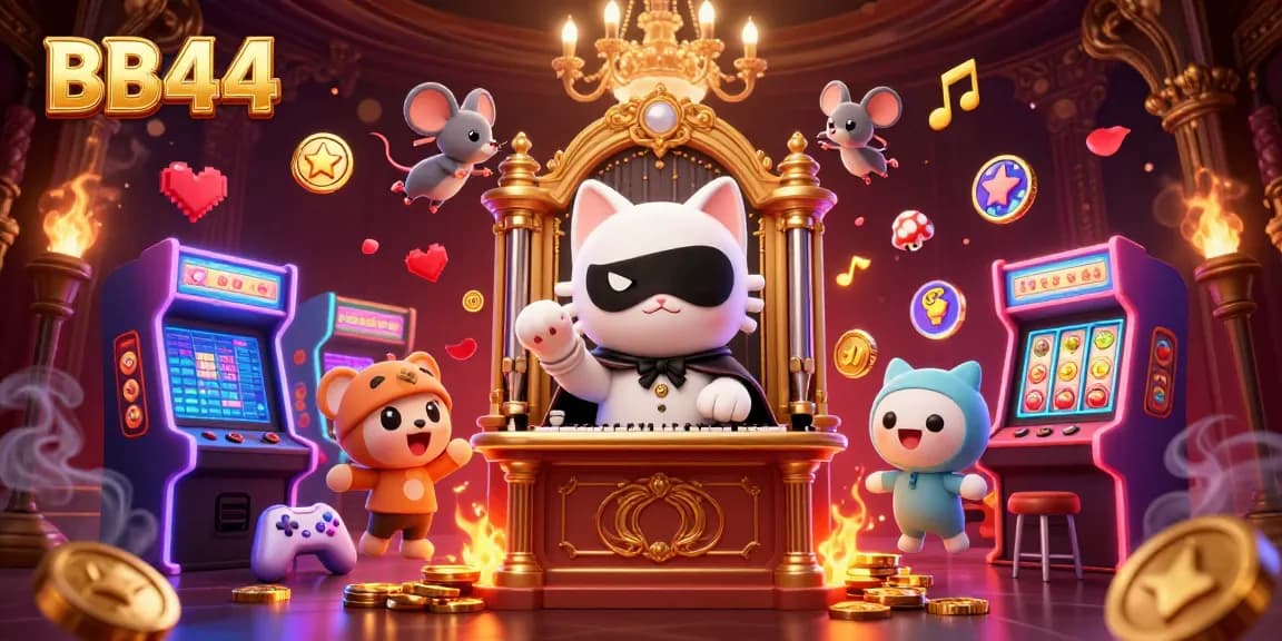 Play exciting games at BB44 Casino featuring a whimsical casino scene with a cat and a mouse
