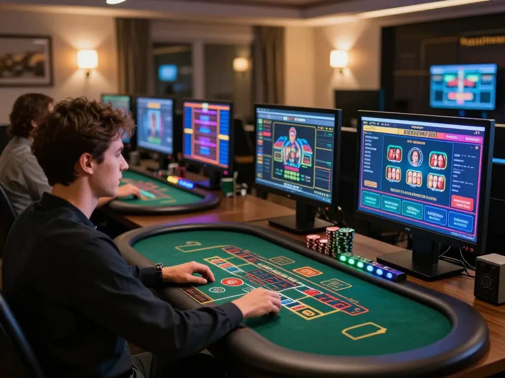 Player enjoying live dealer games on 99win in a modern home office setting, showcasing online gambling excitement.