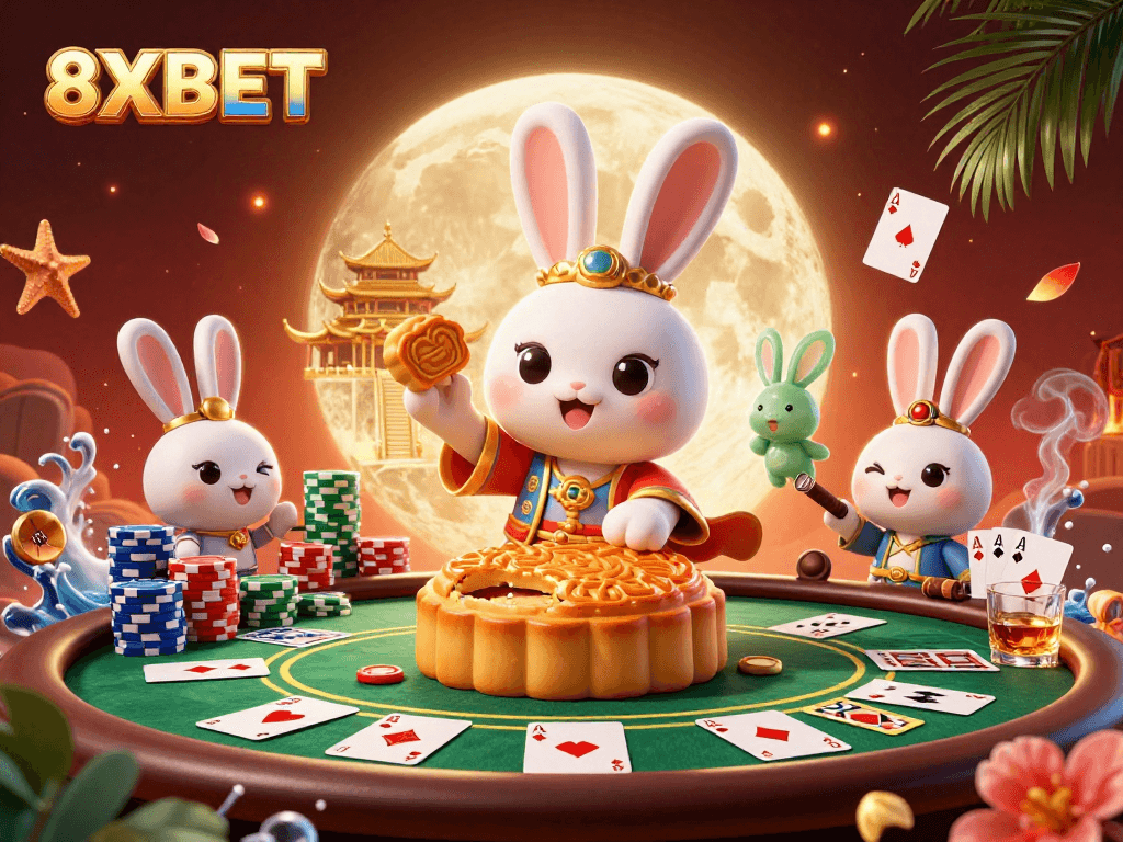Engage with 8XBET's vibrant 3D casino scene showcasing animated characters and dynamic poker elements.