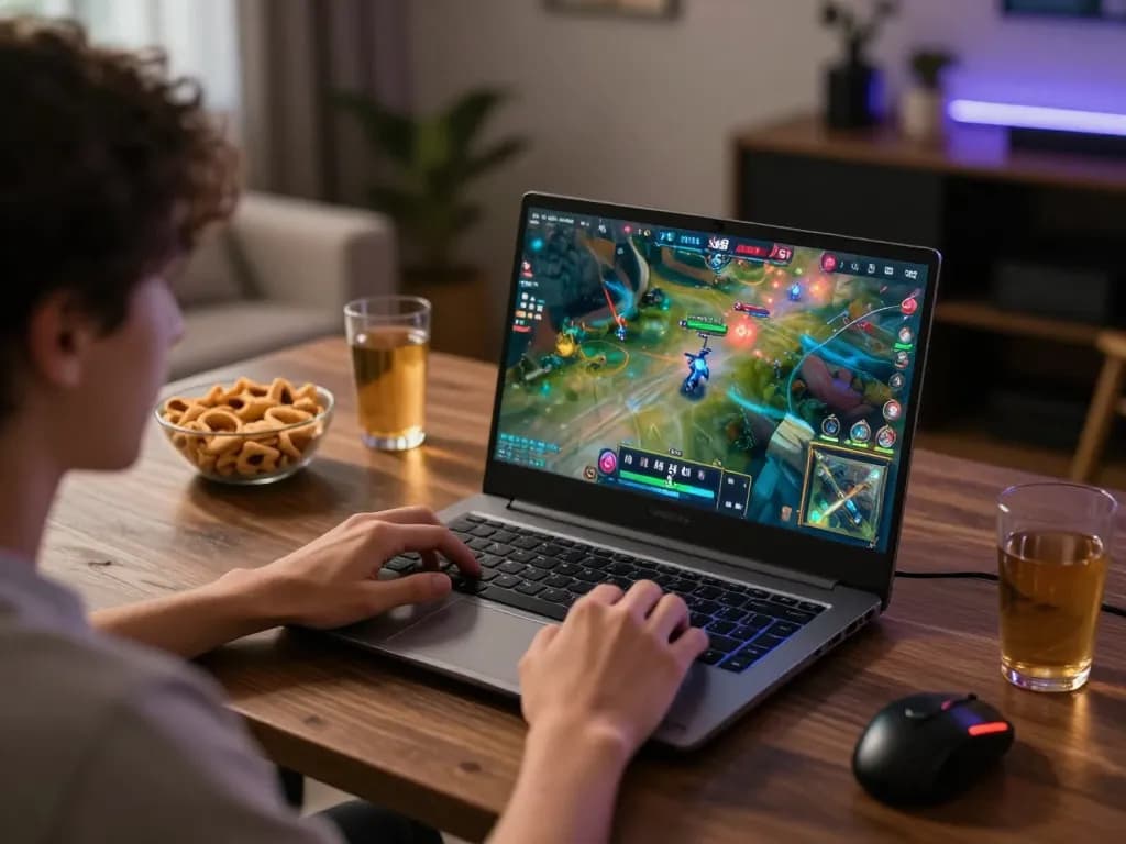 Player enjoying game xx88 on laptop in cozy home setting, reflecting online gambling excitement.