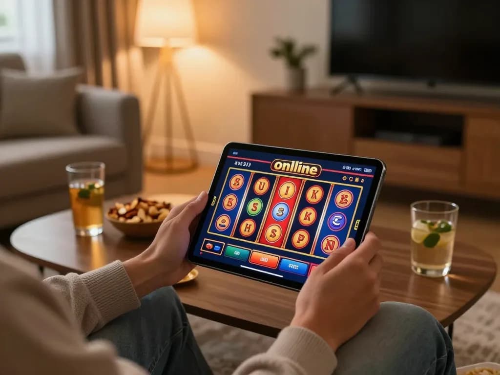 Engaging in responsible online gaming at เว็บสล็อตตรง, showcasing a cozy home setup.