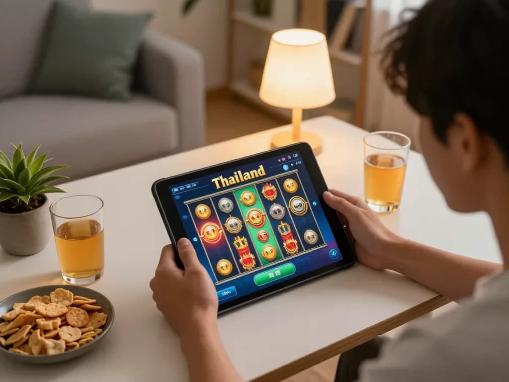Engaging moment of online gameplay on slot thailand, showcasing a comfortable home setup with a tablet display.