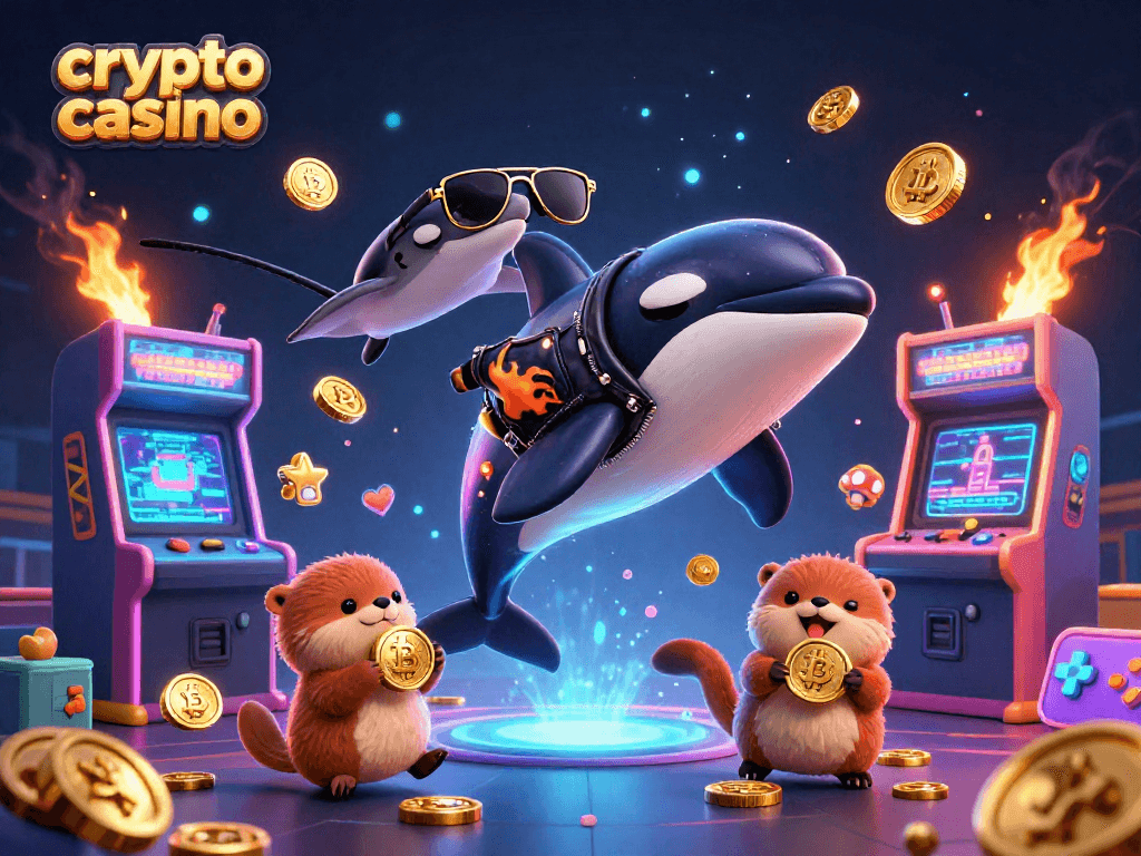 Jouez au casino crypto avec une illustration dynamique d'une orque, une raie et des loutres, entourés de pièces de Bitcoin.