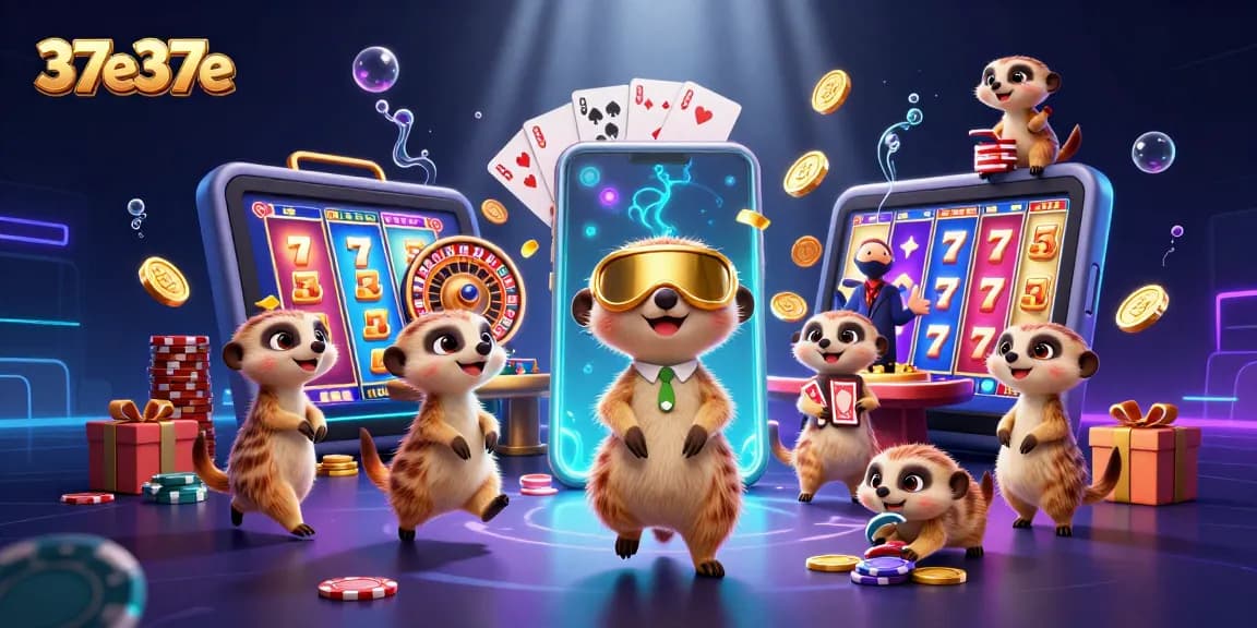 Engage with the thrilling 37e37e casino scene featuring meerkats enjoying colorful slot games and casino action.