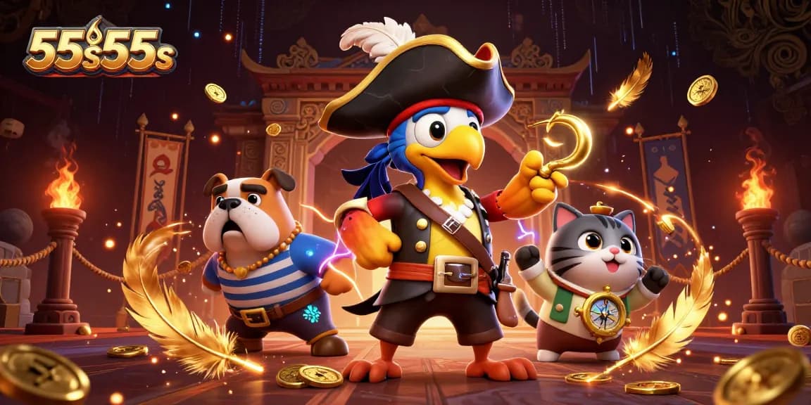Ilustração do cassino 55s55s com capitão pirata e elementos de aposta em um cenário vibrante.