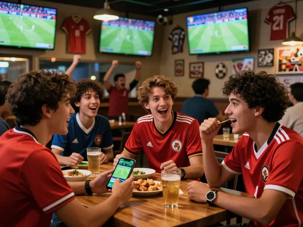 KÈO TRỰC TUYẾN betting excitement at a lively sports bar with friends watching live matches.