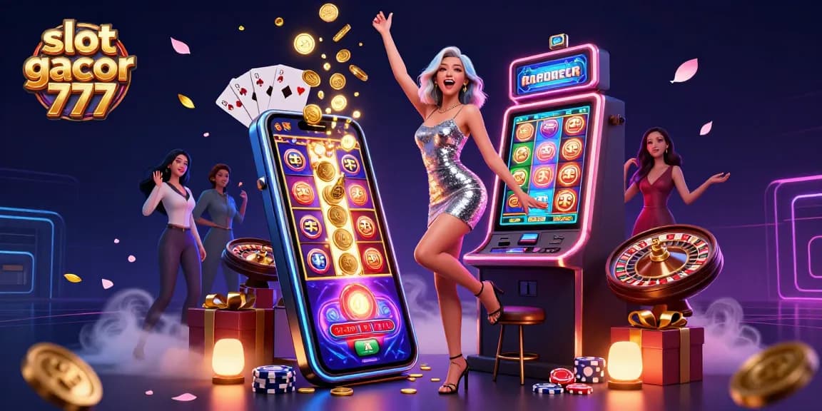 Experience winning excitement with slot gacor 777 as golden coins erupt from the jackpot slot machine, showcasing vibrant casino elements.