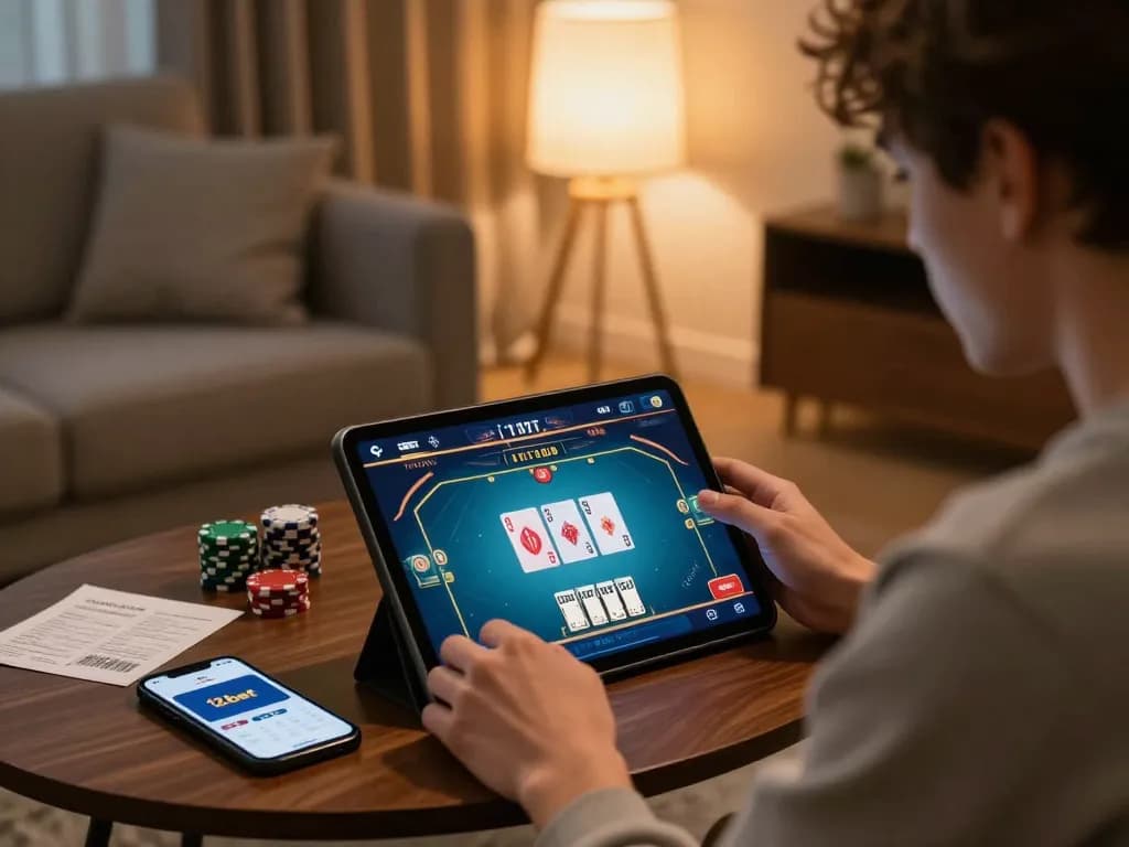 Người chơi đang lên chiến lược trong một phòng khách ấm cúng, sử dụng ứng dụng 12bet để chơi poker trực tuyến.