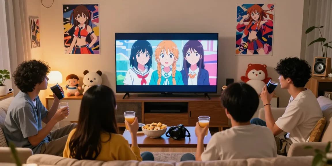 Penonton anime di AnimePlay menikmati tayangan di ruang tamu yang nyaman dengan dekorasi penuh warna.