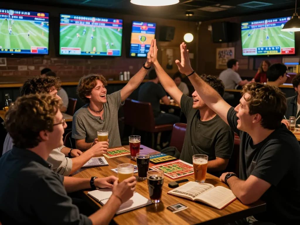 Exciting sports betting scene at a lively sports bar showcasing okwintv, with patrons engaged and multiple screens displaying live matches.