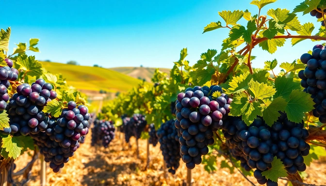 Tempranillo grapes thriving in a sunlit vineyard during harvest season.