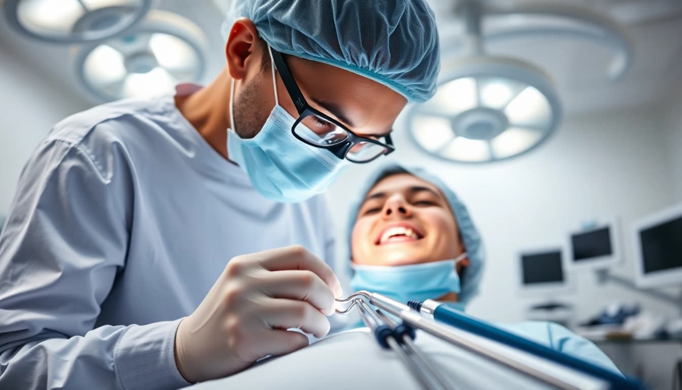 Surgical orthodontics Hawthorn: Expert orthodontic surgeon performing precise surgery in a bright operating room.