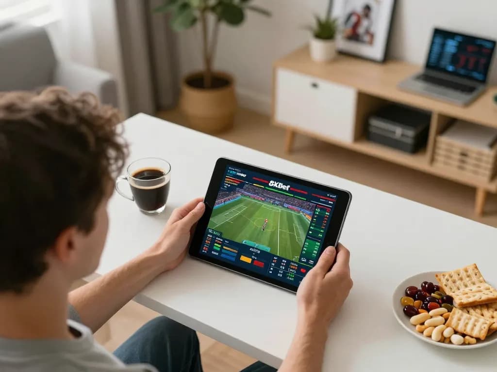 Enjoying sports betting on 8xbet platform with live data analysis in a cozy home setup.