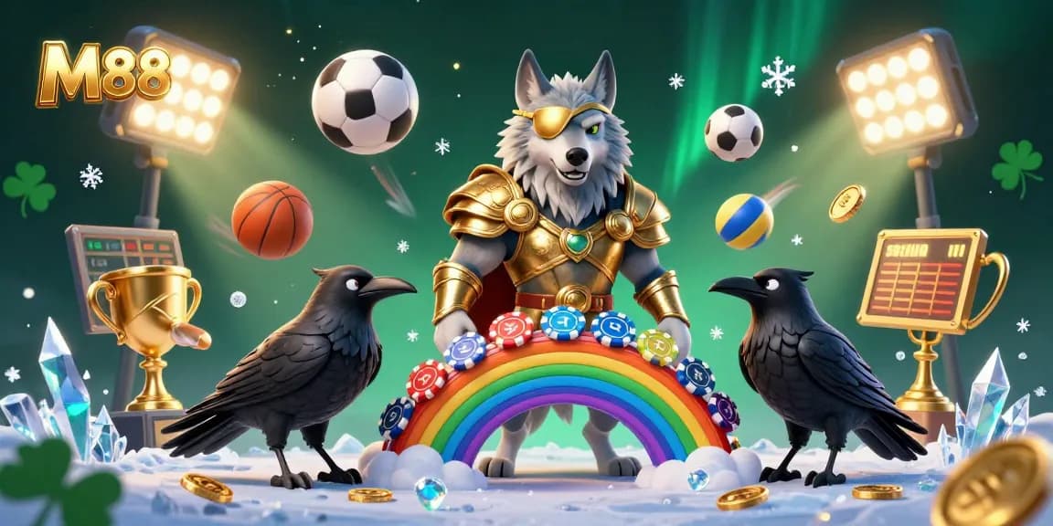 M88 engages with thrilling sports betting elements in a vibrant casino fantasy scene.