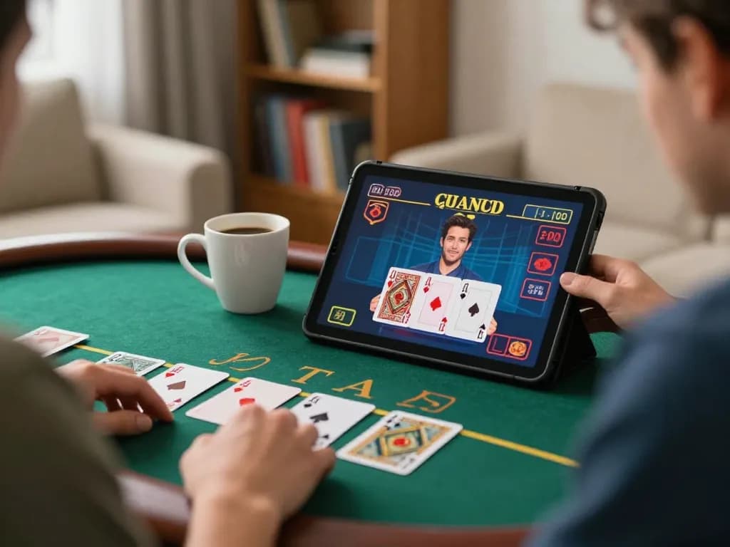 Engaged player using TG88 app for live dealer blackjack in a cozy home setting, showcasing strategic gaming.