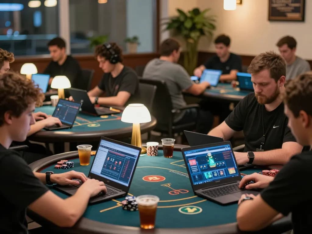 Players engaging in online poker gameplay at home with cm88-t1 strategy, creating a vibrant gaming atmosphere.