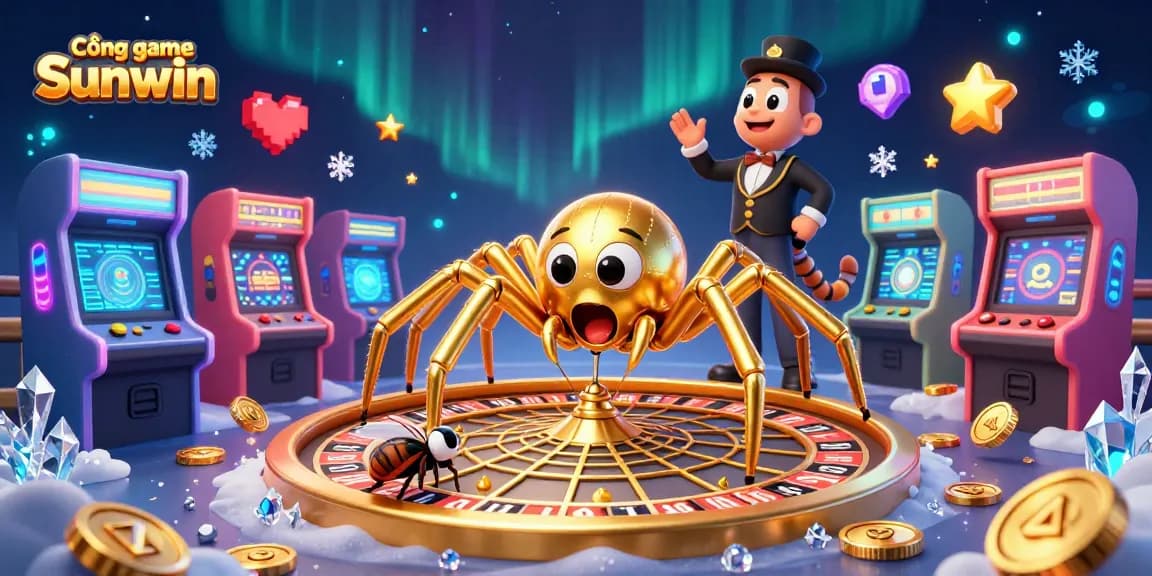 Cổng game Sunwin features a vibrant 3D scene with a golden spider and a centipede croupier amid dynamic gaming elements.