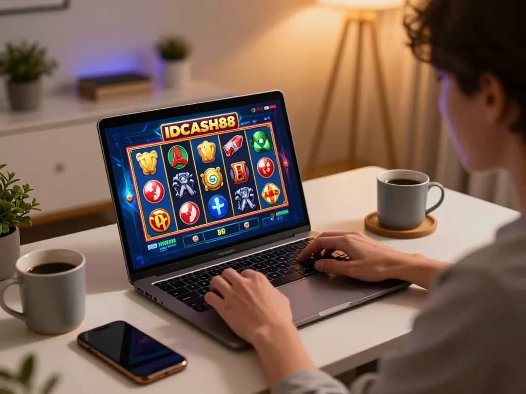 Playing IDCASH88 Slot game online at home with engaging visuals and cozy atmosphere.