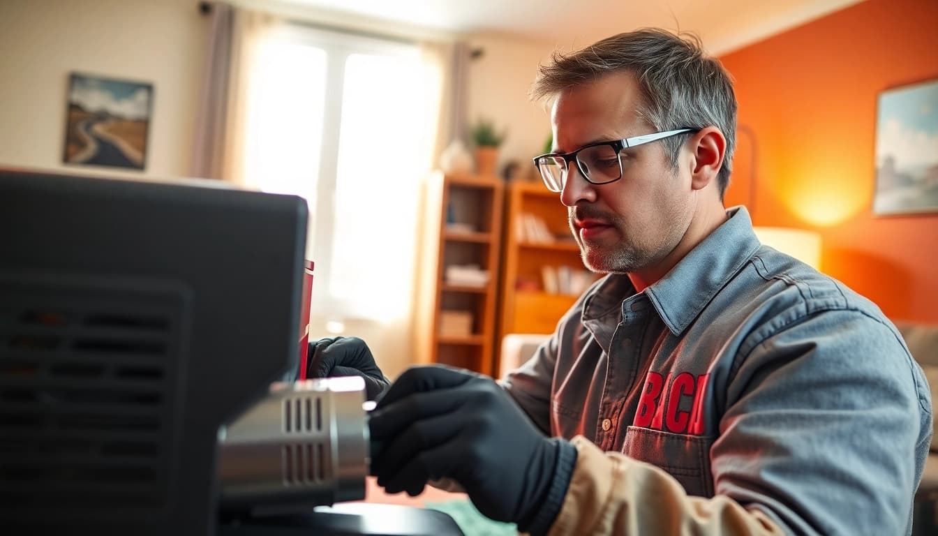 Technician performing bed bug heat treatment in a residential environment