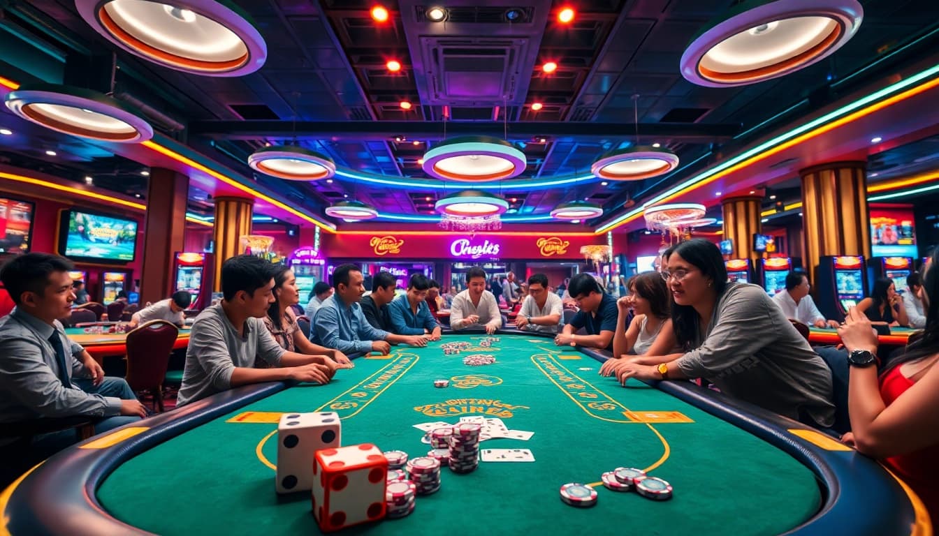Experience the thrill of games at 8win malaysia's vibrant casino environment with players engaged and lights glowing.