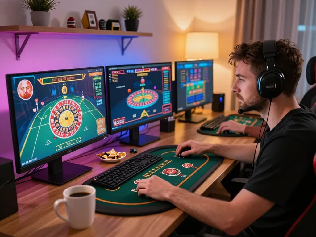 Engaging online gambler at home using uu88 to play poker and roulette on multiple screens