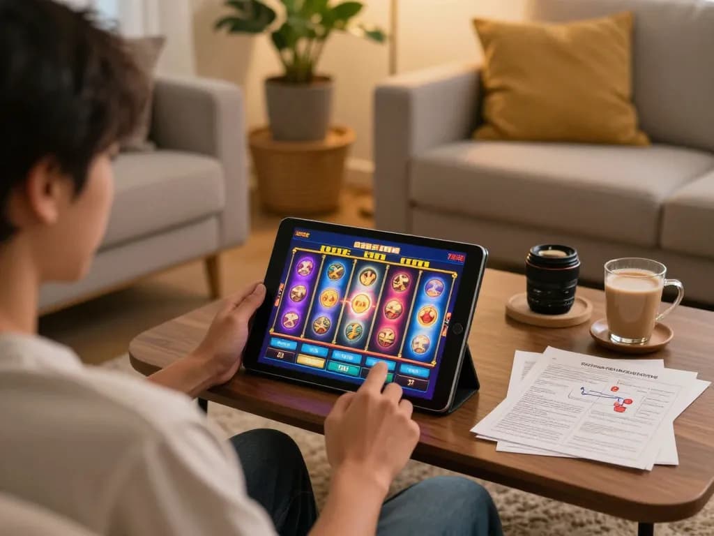 Engaged player enjoying situs slot game on tablet in cozy home setting with warm ambiance.