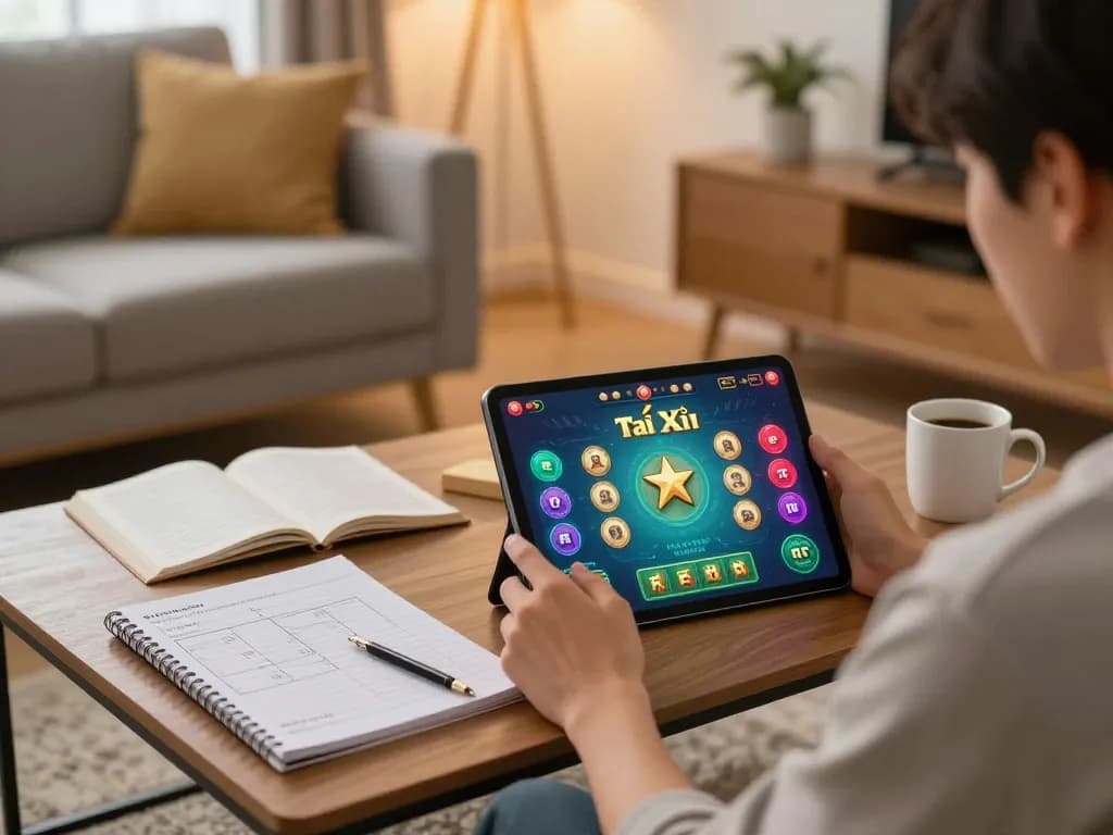 Tài Xỉu gameplay experience on taixiuonline8 displayed on a tablet in a cozy home environment.