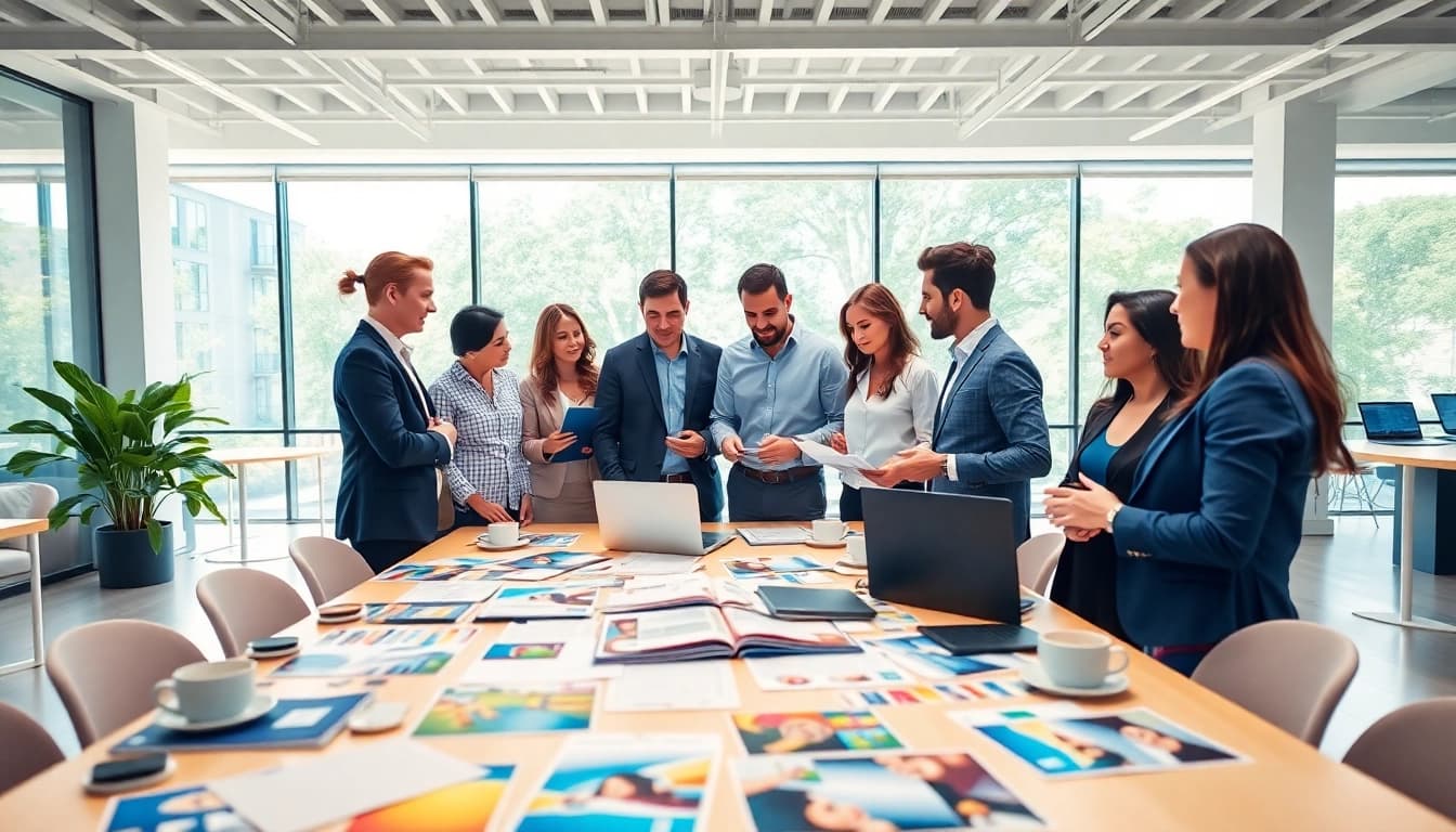 Corporate Event Planners brainstorming in a vibrant office, showcasing collaboration.