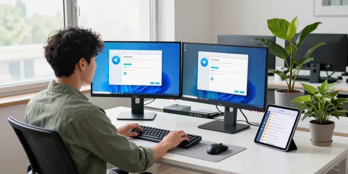 Developer exploring the features of 纸飞机中文版 in a modern tech workspace, complete with dual monitors and ergonomic tools.