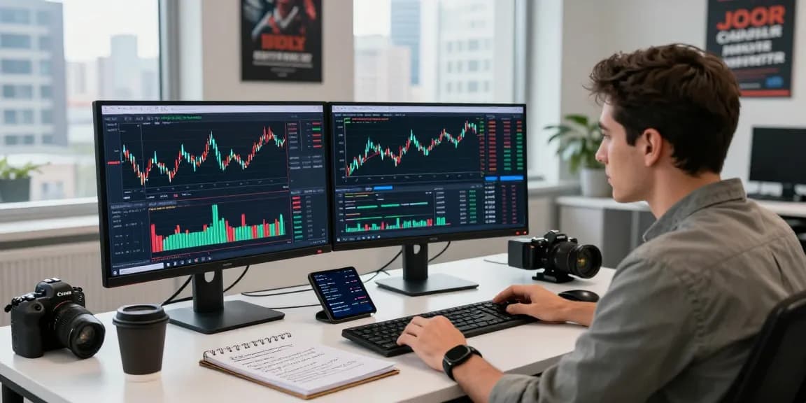 AiCoin交易员在现代办公环境中分析实时市场数据，展示多屏技术工具。
