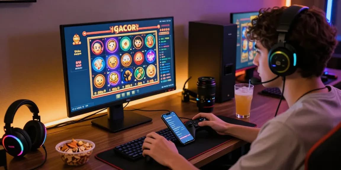 Player engaging with slot gacor games in a vibrant online gaming setup, showcasing immersive technology and gaming accessories.