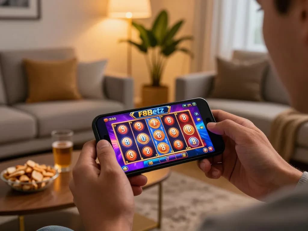 Engaging with f8betz mobile app, player wins on a jackpot slot game in a cozy home setting.
