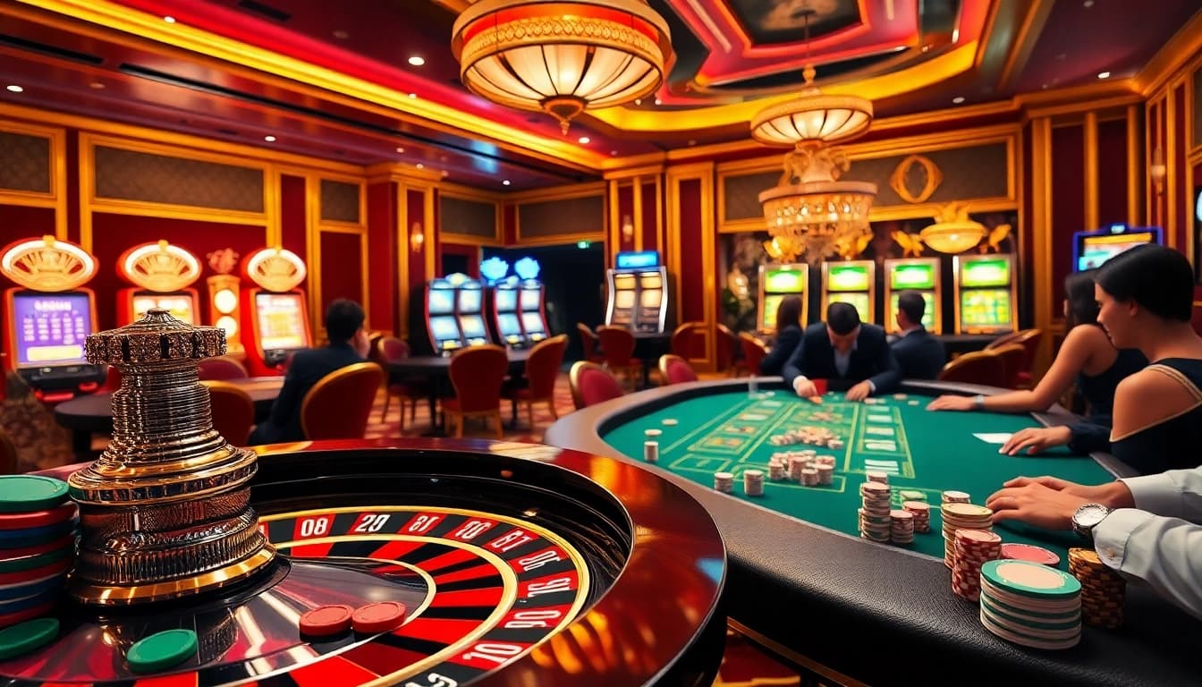Découvrez l'excitation du meilleur casino en ligne avec des joueurs engagés aux tables de poker et de roulette dans un casino glamour.