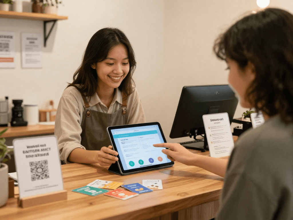 Loyalty software demonstration in a small business, showcasing user-friendly app features.