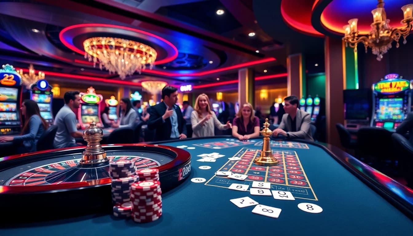 E2bet gaming table with players, poker chips, and a roulette wheel in an exciting casino atmosphere.