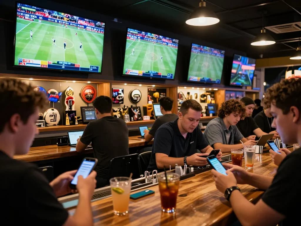 G28 sports bettors analyzing odds on smartphones in an energetic bar environment.
