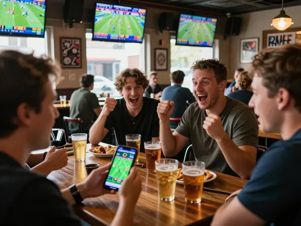 Excitedly placing bets on thabet app during a lively sports gathering with friends.