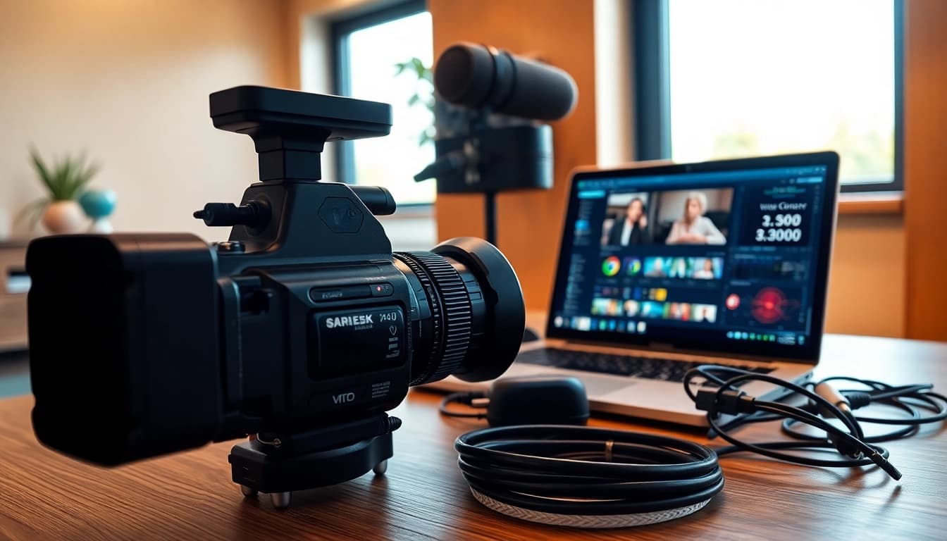 Video capture setup showcasing a camcorder and laptop in a professional studio.