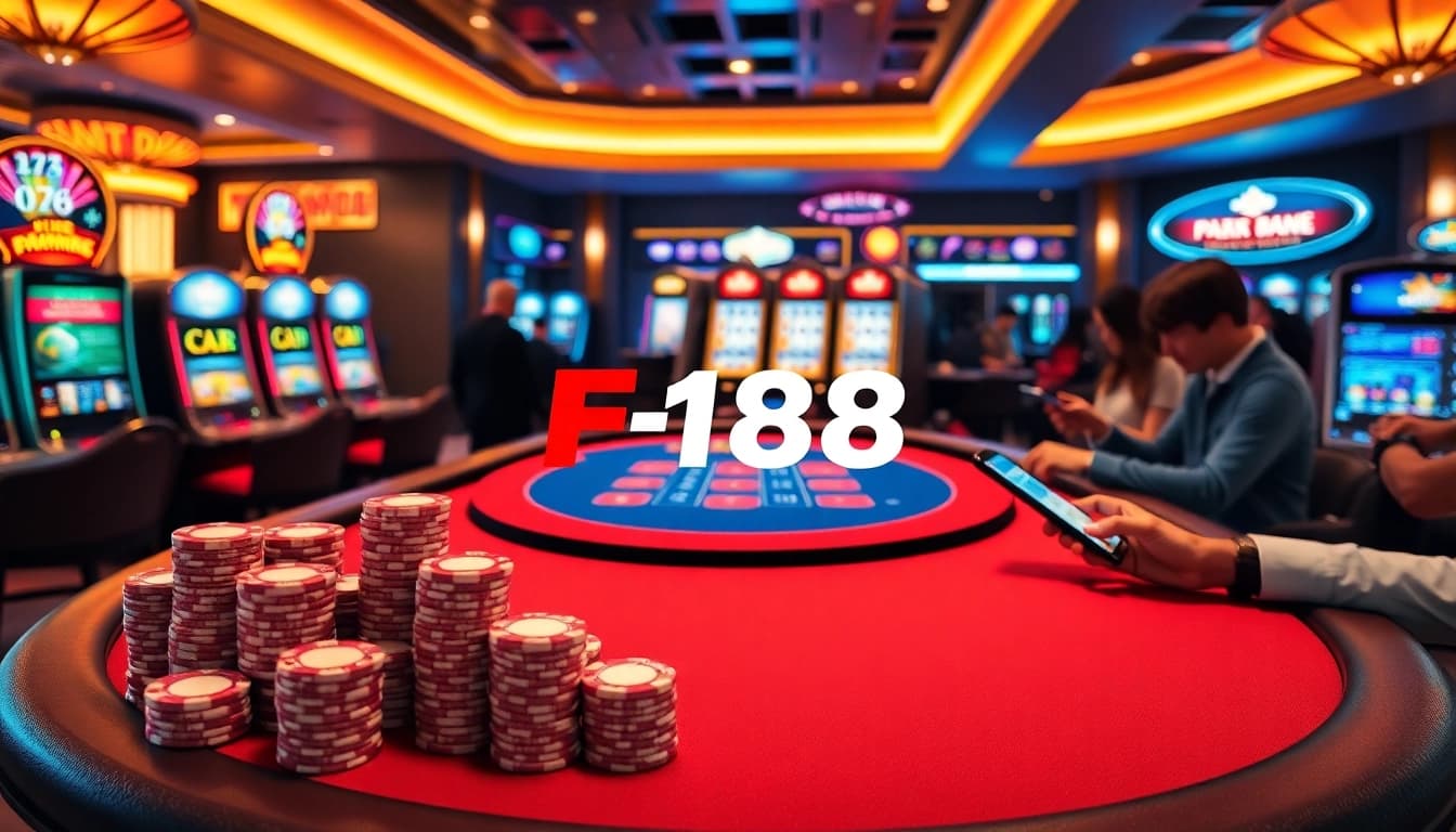 F168 online casino players enjoying a live blackjack game with vibrant poker chips and slot machines.