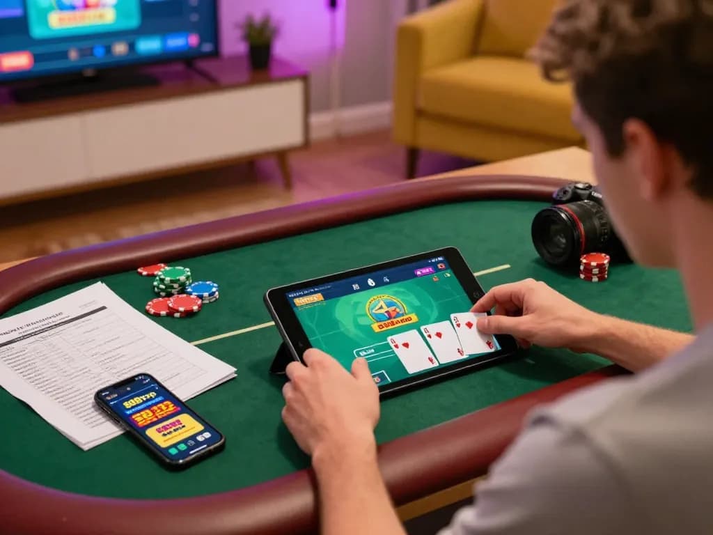Player strategizing for poker on 888top tablet during cozy gaming session.